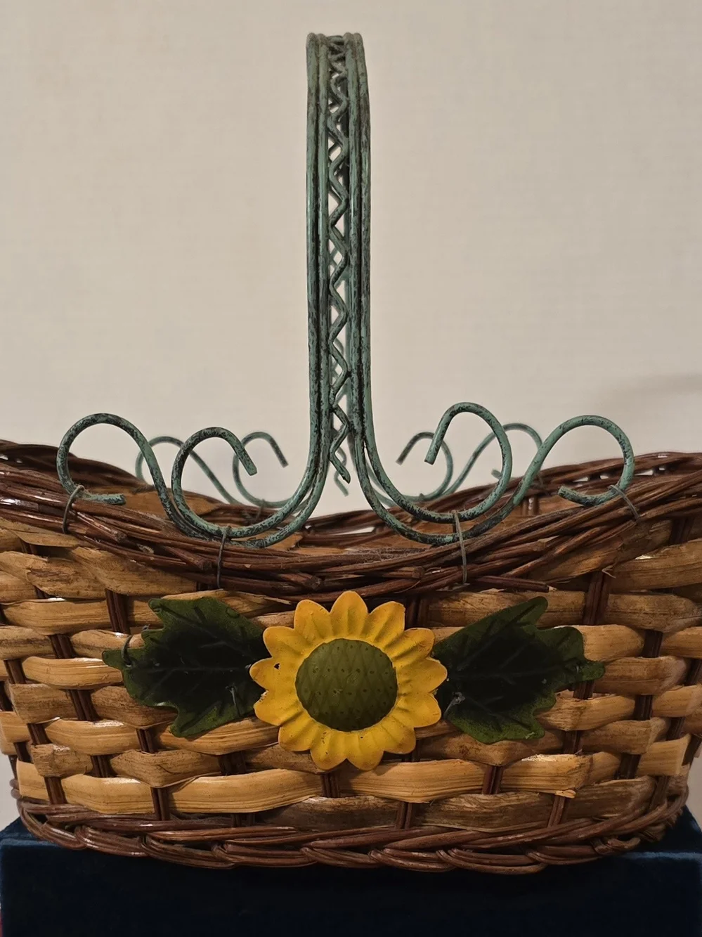Vintage Farmhouse Wicker Basket with Green Metal Handle & Sunflower Accents